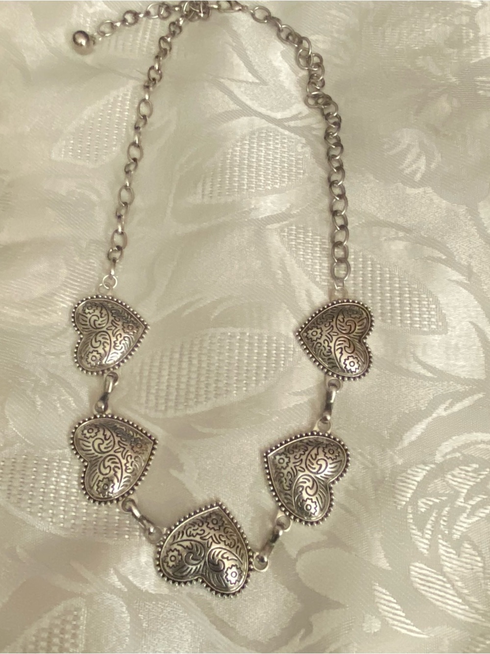 Filigree Attached Hearts 1”H Vintage Silver Tone Necklace 24” Love Romantic